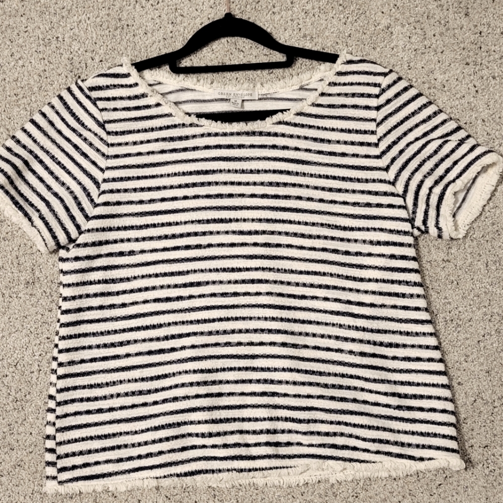 Green Envelope] striped fringed shirt M size